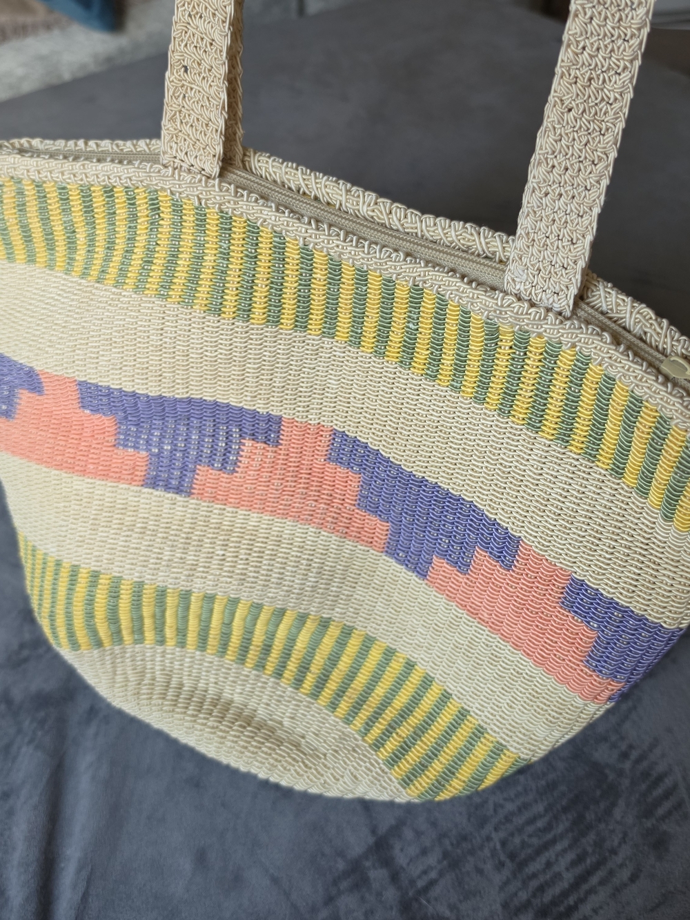 Woven Tote Bag in Natural with Pink & Purple Accents
